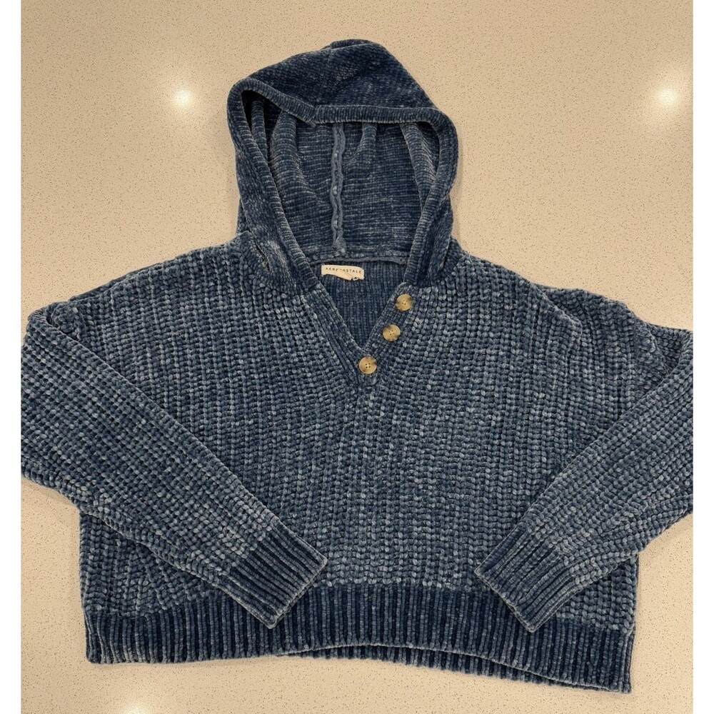 Aeropostale Womens L Blue Knit Chenille Cropped Hoodie Sweater Pullover Casual